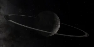 Künstlerische Darstellung des Kleinplaneten Chiron mit Ringsystem