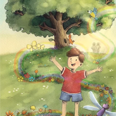 Ich bin da – Tom steht mit offenen Armen zwischen bunten Lebensströmen in der Natur, Keilrahmenbild 20 × 30 cm