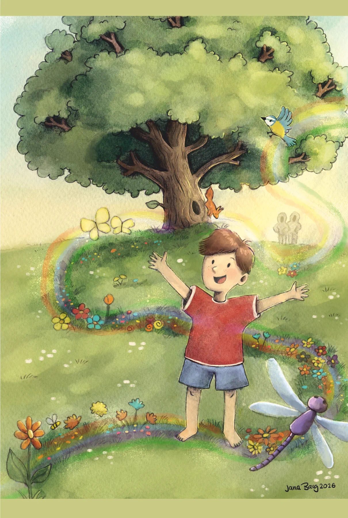 Ich bin da – Tom steht mit offenen Armen zwischen bunten Lebensströmen in der Natur, Keilrahmenbild 20 × 30 cm