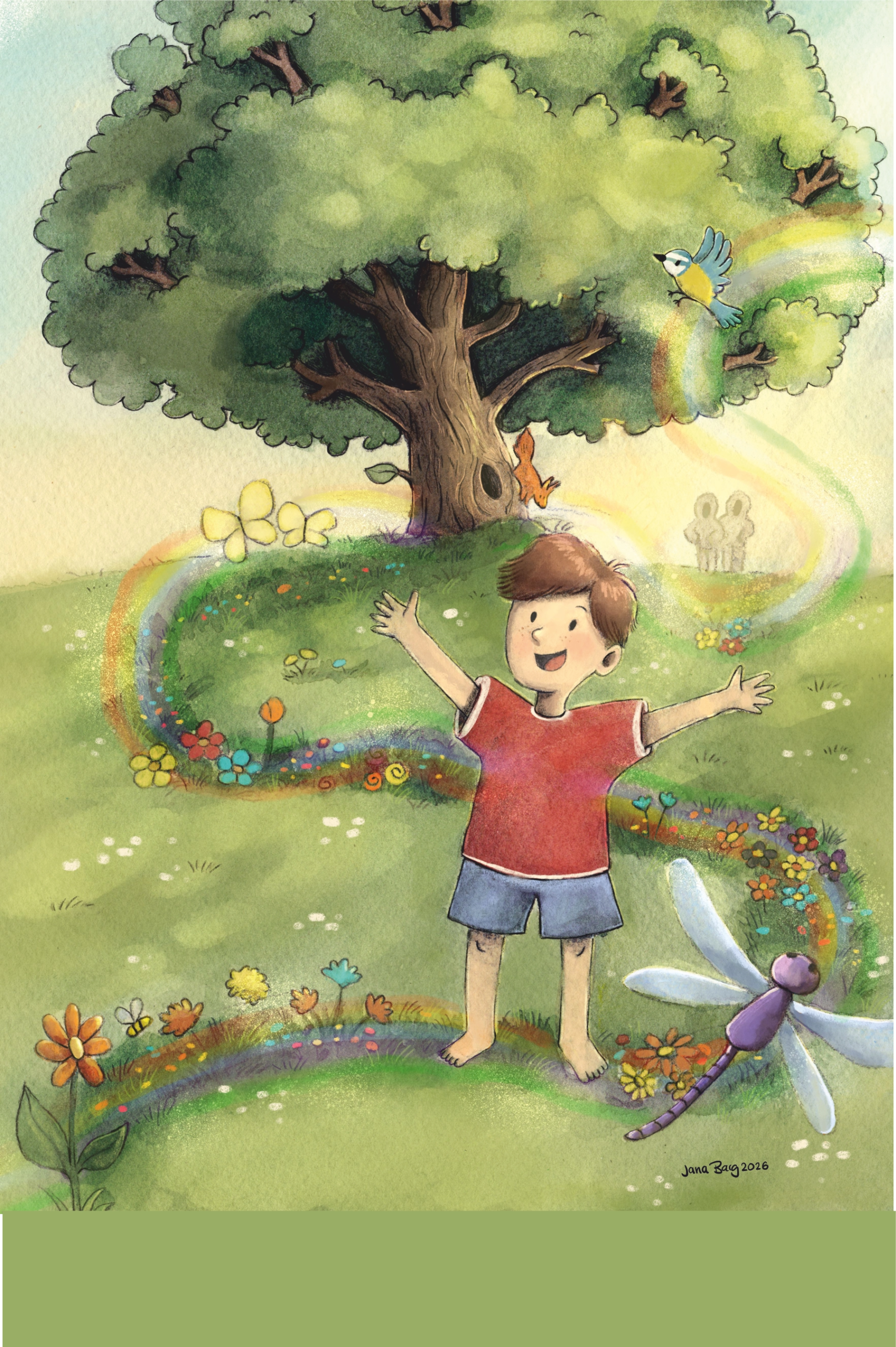 Ich bin da – Tom steht mit geöffneten Armen in einer grünen Landschaft, umgeben von bunten Lebensströmen und der Verbundenheit mit der Natur, Keilrahmenbild 40 × 60 cm