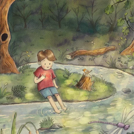 Ich bin du und du bist ich – Tom sitzt am Bach und spürt die Verbindung allen Lebens, Keilrahmenbild 20 × 30 cm