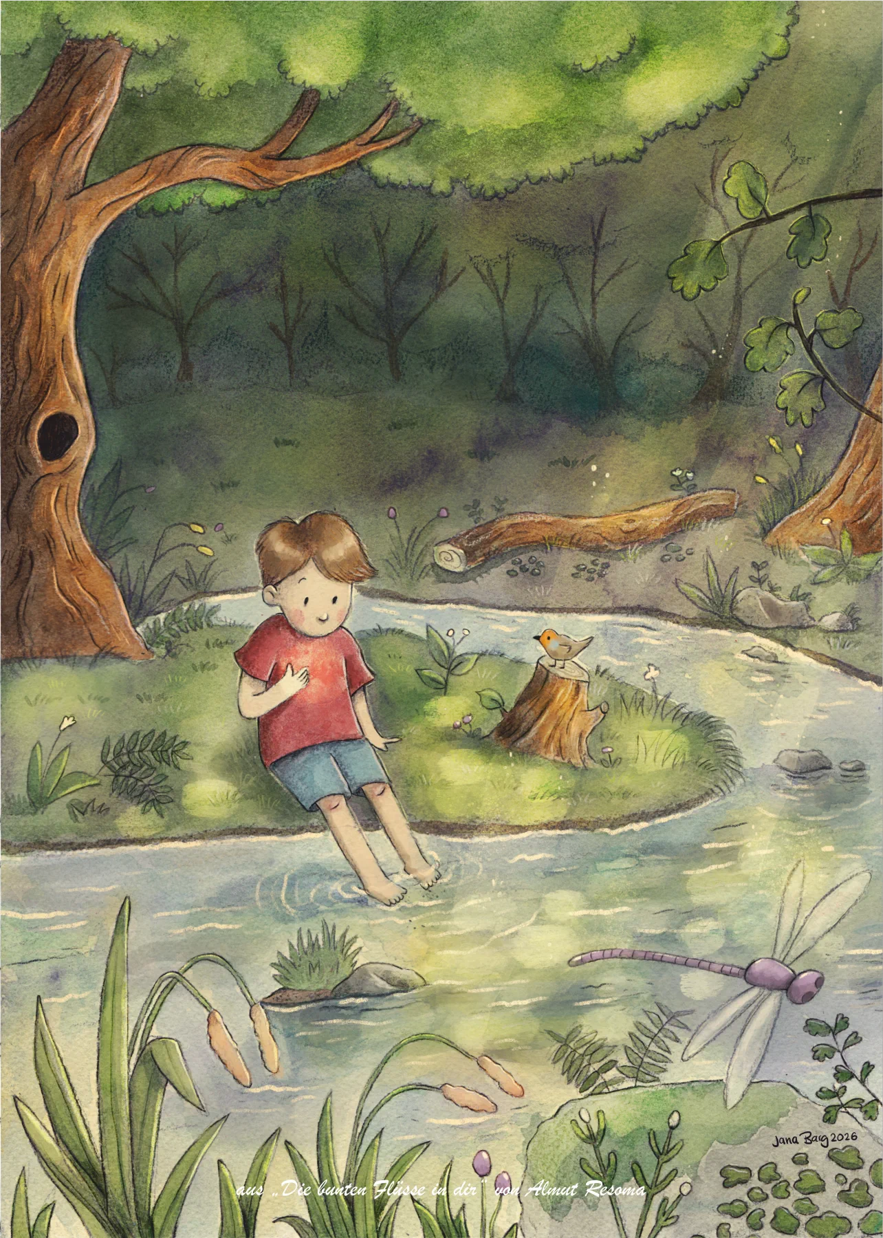 Ich bin du und du bist ich – Tom am Bach mit Vogel, Libelle und der Verbindung allen Lebens, Poster A3