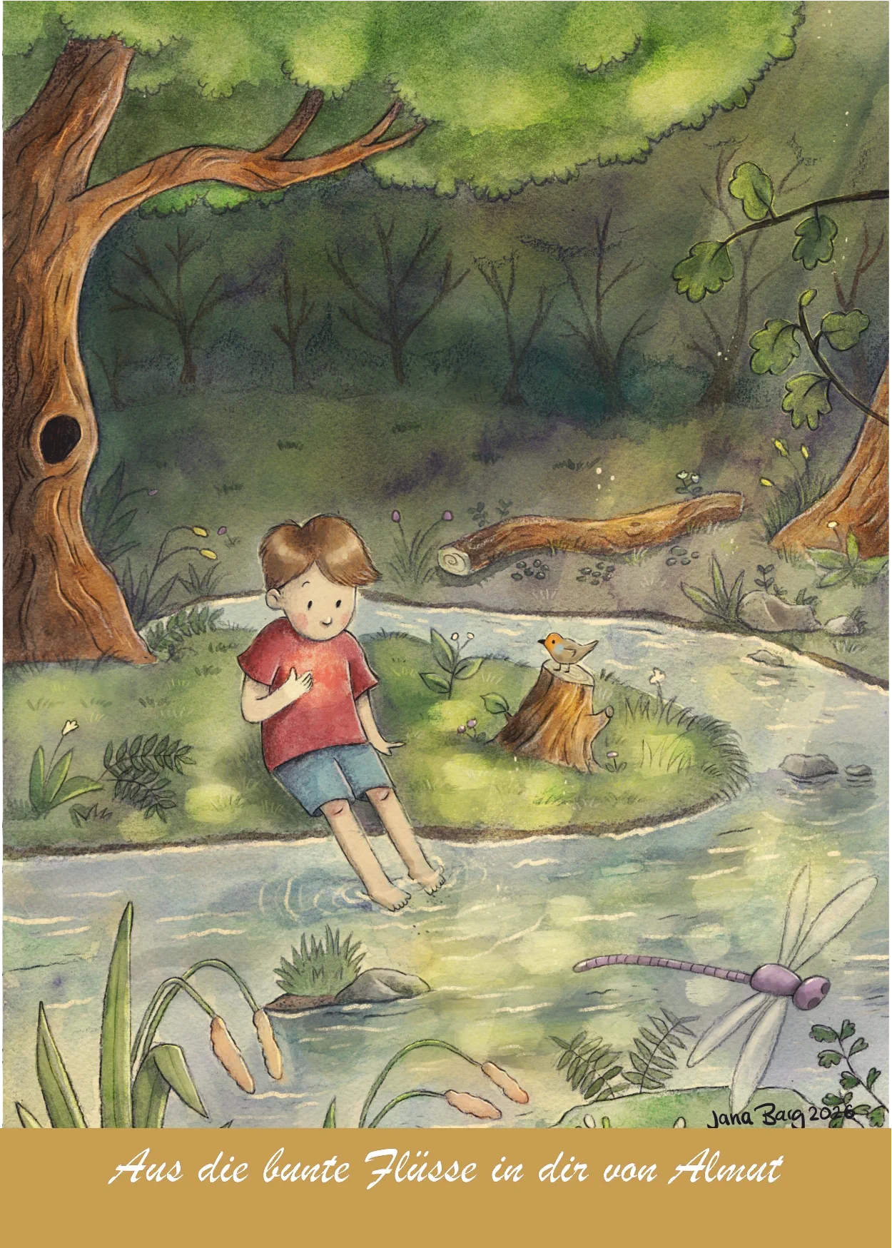 Ich bin du und du bist ich – Tom, Vogel und Libelle verbunden im Fluss des Lebens, Postkarte